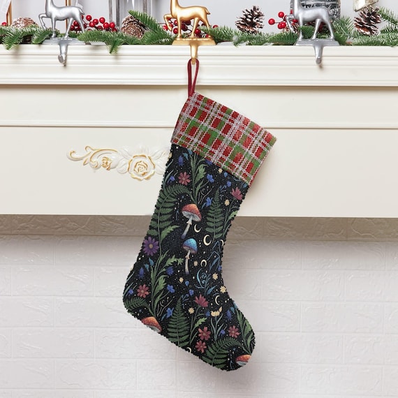 Starry Mushroom and Fern Sequin Stocking, Perfect for stuffing Santa's Gifts, Mushroom Fireplace Decor, Starry Christmas, Holliday gift idea
