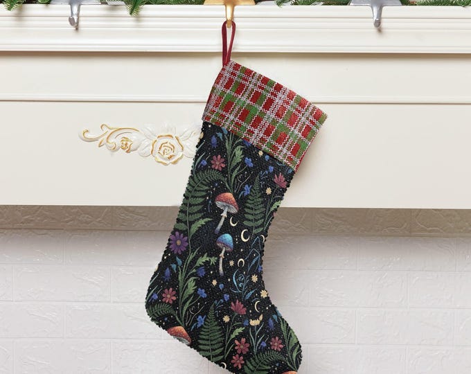 Starry Mushroom and Fern Sequin Stocking, Perfect for stuffing Santa's Gifts, Mushroom Fireplace Decor, Starry Christmas, Holliday gift idea