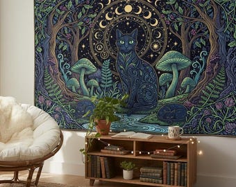 Tapiz de Bosque Encantado / Arte de pared con cielo estrellado y gato negro / Tela de poliéster color piel de melocotón / Decoración astrológica grande / Regalo bohemio hippie