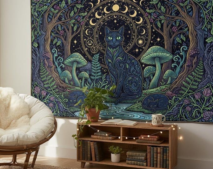 Enchanted Forest Tapestry | Black Cat Starry Sky Wall Art | Polyester Peach Skin Fabric | Large Astrology Decor | Boho Hippies Gift