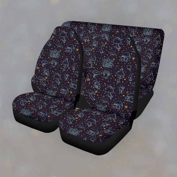 Cute Starry Mushrooms Car Seat Covers, Cottagecore Auto Protectors, Black Boho Witchy Vehicle Seat Covers Mushroom Car interior Decor