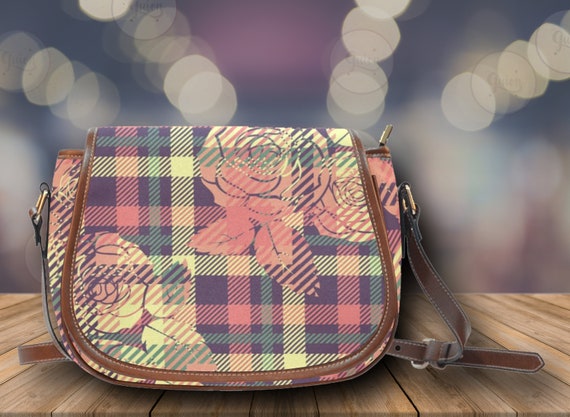 Cute Roses checkered boho saddle bag, vegan leather shoulder bag, preppy gift bag, cute boho saddle bag, crossbody boho bag, autumn bag gift