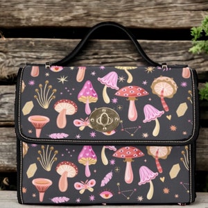 Cottagecore Trippy Mushroom Canvas Satchel bag, women mushroom crossbody purse, vegan leather strap hand bag, goth bag hippies boho gift