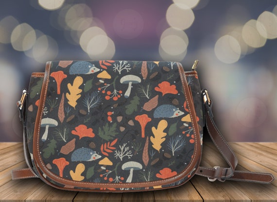 cottagecore autumun leaves hedgehog mushroom Saddle Bag With Vegan leather Strap, autumn mushroom crossbody bag, cute hedgehog saddle bag