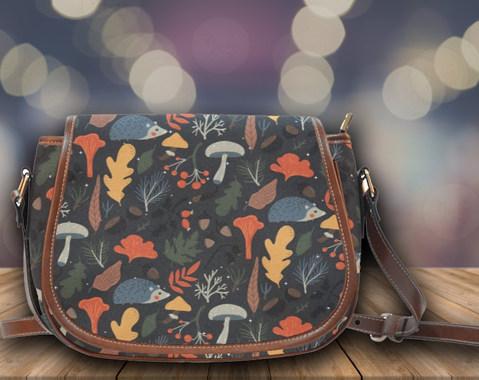 cottagecore autumun leaves hedgehog mushroom Saddle Bag With Vegan leather Strap, autumn mushroom crossbody bag, cute hedgehog saddle bag