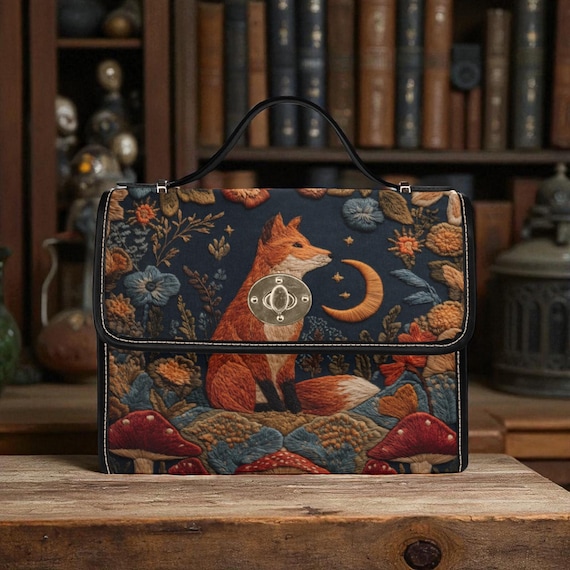 Cute Boho Fox Autumn Canvas Satchel bag, Witch Cottagecore forestcore crossbody purse, cute vegan leather strap goth bag, hippies boho gift