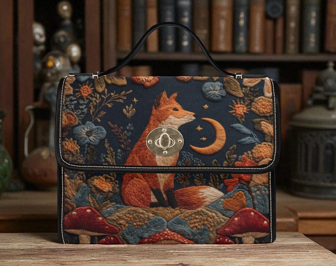Cute Boho Fox Autumn Canvas Satchel bag, Witch Cottagecore forestcore crossbody purse, cute vegan leather strap goth bag, hippies boho gift