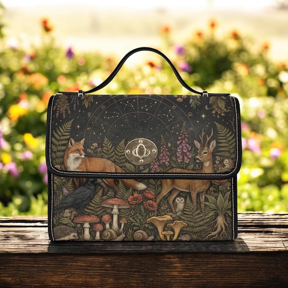 Woodland Animals Forest Canvas Satchel bag, Boho crossbody Celestial purse, Botanical bag, vegan leather bag, Cottagecore top handle handbag