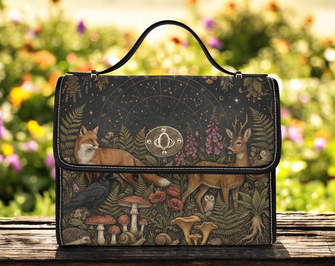 Woodland Animals Forest Canvas Satchel bag, Boho crossbody Celestial purse, Botanical bag, vegan leather bag, Cottagecore top handle handbag