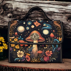Sac cartable en toile de sorcière Cottagecore, sac à main croisé mignon champignon lune, sac Goblincore Dark Forest, sac champignon sorcier