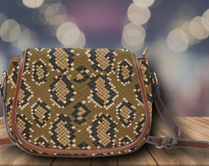 Brown Snake Skin Print Crossbody Saddle Bag with Vegan Leather Strap, Brown Strap Hand Bag, Cute Women Shoulder Bag