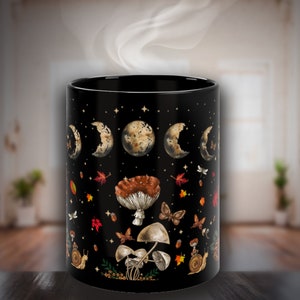 Mystical Black Witchy Mug, Cottagecore Mushroom Mug, Moon Phases Celestial Coffee Mug, Mushroom Coffee Mug, Cottagecore Gift, Celestial Gift