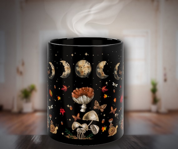 Mystical Black Witchy Mug, Cottagecore Mushroom Mug, Moon Phases Celestial Coffee Mug, Mushroom Coffee Mug, Cottagecore Gift, Celestial Gift