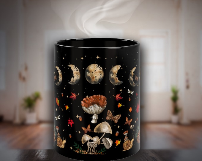 Mystical Black Witchy Mug, Cottagecore Mushroom Mug, Moon Phases Celestial Coffee Mug, Mushroom Coffee Mug, Cottagecore Gift, Celestial Gift