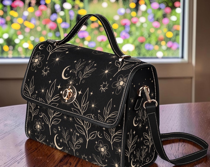 Boho Starry Moon Black Canvas Satchel bag, Floral crossbody Moon purse, Cute Vegan leather strap Dark Cottagecore adjustable strap handbag