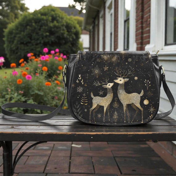 Celestial Golden Deer crossbody saddle bag, Boho Witch Cottagecore Vegan leather shoulder bag, Goblincore animal saddle purse handbag gift