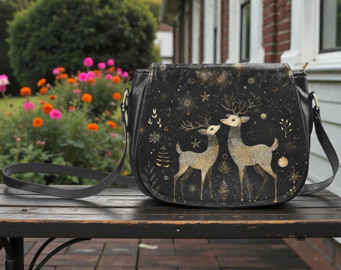 Celestial Golden Deer crossbody saddle bag, Boho Witch Cottagecore Vegan leather shoulder bag, Goblincore animal saddle purse handbag gift