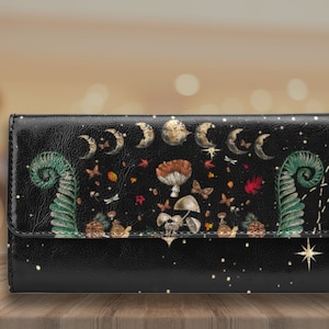 Fases lunares Cartera tríptica de setas mágicas, Cute Witch PU Cartera de cuero, Lindas mujeres góticas Organizador de carteras Cartera de embrague largo monedero gótico