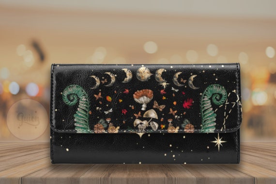 Moon Phases Magic mushroom trifold wallet, Cute Witch PU Leather wallet, Cute goth women Wallet organizer Long clutch wallet goth purse