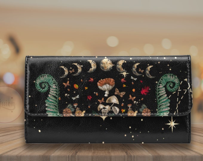 Moon Phases Magic mushroom trifold wallet, Cute Witch PU Leather wallet, Cute goth women Wallet organizer Long clutch wallet goth purse
