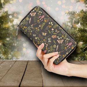 Linda billetera Boho Floral Mushroom, billetera Witch Goth Cartera vegana de cuero PU, cottagecore Boho mujeres Monedero organizador Monedero largo