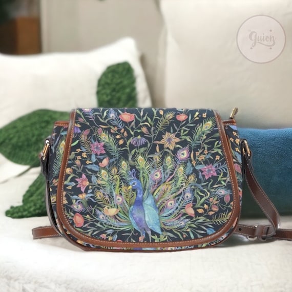 Green peacock print cottagecore saddle bag, Cute women nature cottagecore crossed body purse, green pu leather strap bag, hippies boho gift