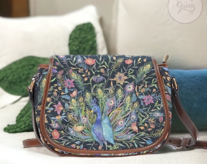 Green peacock print cottagecore saddle bag, Cute women nature cottagecore crossed body purse, green pu leather strap bag, hippies boho gift