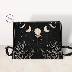 Cottagecore Celestial Moon Black Canvas Satchel bag, Cute women nature crossbody purse, cute black strap hand bag, hippies boho gift purse zdjęcie 6