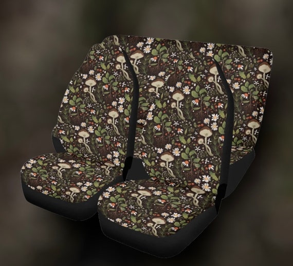 Mushroom Floral Boho Car Seat Cover For Women, Cottagecore Cute Green Floral Front Bucket Seat Cover For Car Vehicle, Nature seat cover