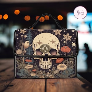 Sac cartable en toile de crâne de champignon de sorcière de cottagecore, sac à main croisé foncé d'université, sac à main foncé de sorcière, sac à main cadeau de boho de hippies