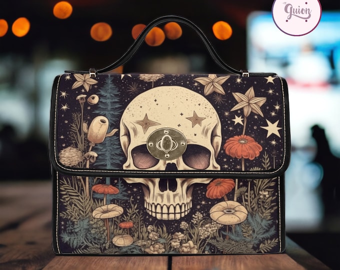 Cottagecore witch Mushroom Skull Canvas Satchel bag, dark academia crossed body purse, dark witchy handbag, hippies boho gift purse