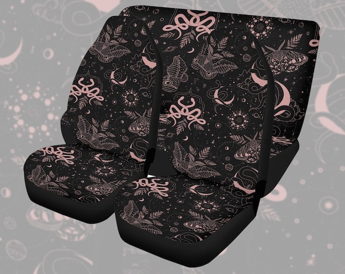 Black Pink Celestial Mystical Witch car seat cover, Boho Moon Sacred snake seat cover for vehicle, Wicca Witchcraft car accessories decor