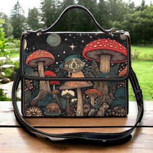 Sac cartable champignon rétro, sac à main croisé boho cottagecore champignon forêt nature, sac à main en cuir végétalien, cadeau boho hippies