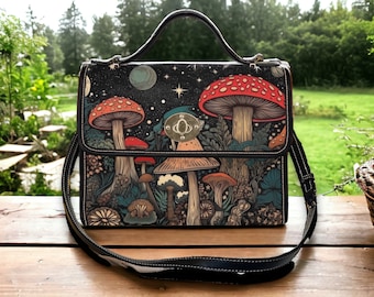 Retro Mushroom Satchel bag, boho cottagecore mushroom forest nature crossed body purse, vegan leather strap hand bag, hippies boho gift