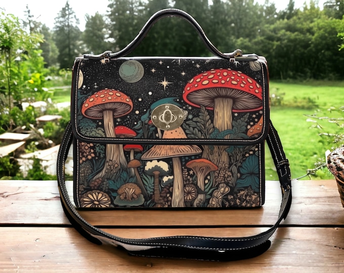Retro Mushroom Satchel bag, boho cottagecore mushroom forest nature crossed body purse, vegan leather strap hand bag, hippies boho gift