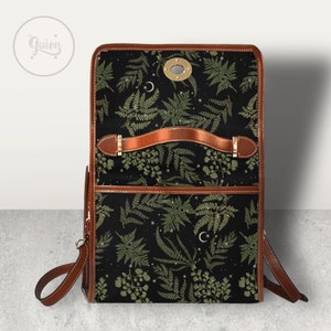 Bolso Boho Fern forest Black Canvas Satchel, bolso bandolera verde Moon, linda correa de cuero vegano Dark Cottagecore bolso con correa ajustable imagen 7