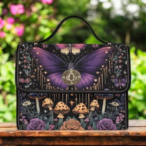 Cottagecore witch Canvas Satchel bag, Cute women mushroom crossed body purse, cute vegan leather strap hand bag goth bag, hippies boho gift