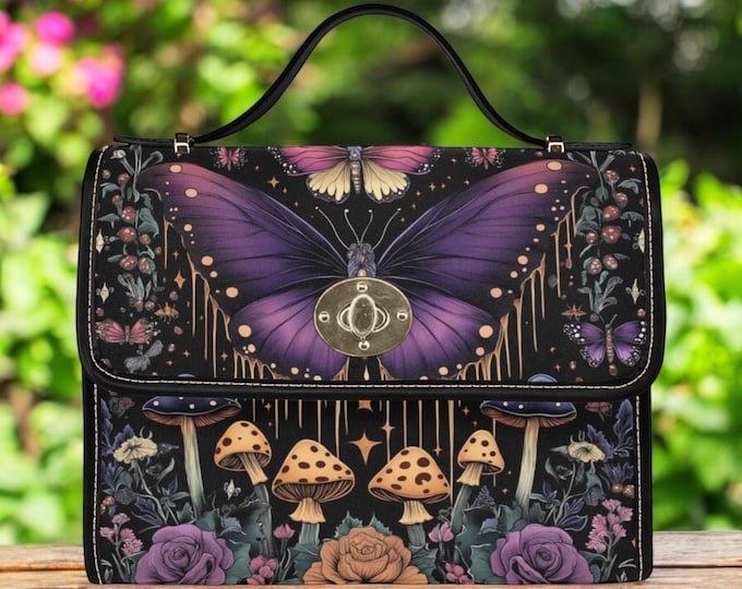 Cottagecore witch Canvas Satchel bag, Cute women mushroom crossed body purse, cute vegan leather strap hand bag goth bag, hippies boho gift