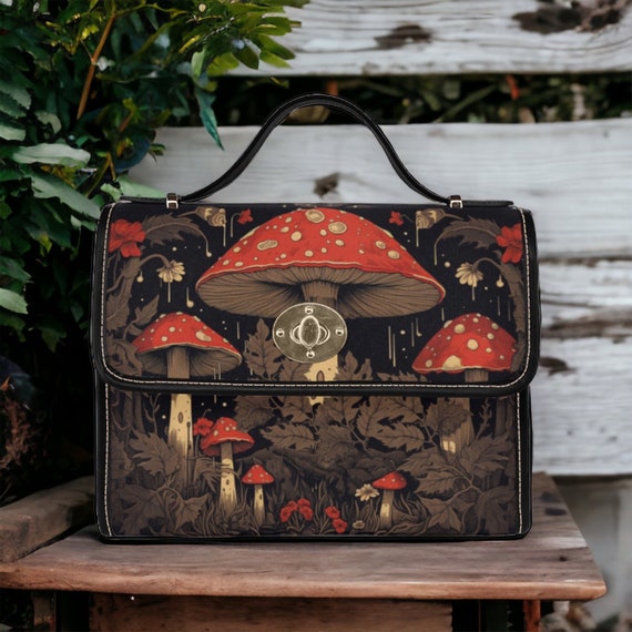 Dark Academia Satchel bag, Mushroom Handbag, Cute Women Autumn Leaves crossed body purse, cute vegan leather trim hand bag, Goth Purse Gift