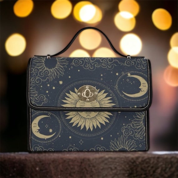 Mystical Sun and Moon Canvas Satchel bag, Cute women celestial crossbody purse, cute canvas black strap hand bag, hippies boho gift for her