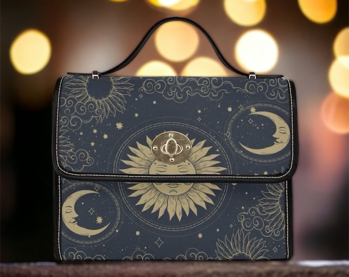 Mystical Sun and Moon Canvas Satchel bag, Cute women celestial crossbody purse, cute canvas black strap hand bag, hippies boho gift for her