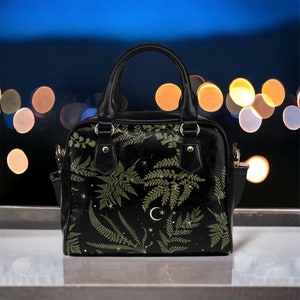Bolso de hombro Cottagecore Botanical Fern, bolso de hombro de cuero vegano Starry Crescent con correa, bolso de mano de bolso de naturaleza linda