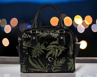 Cottagecore Botanical Fern shoulder handbag, Starry Crescent Vegan leather shoulder bag with strap, Cute nature purse handbag shoulder bag