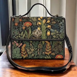 Sac à main croisé vert fleurs sauvages, sac à main en cuir végétalien avec sangle, sac cottagecore, cadeau boho hippies, sac à bandoulière boho vert