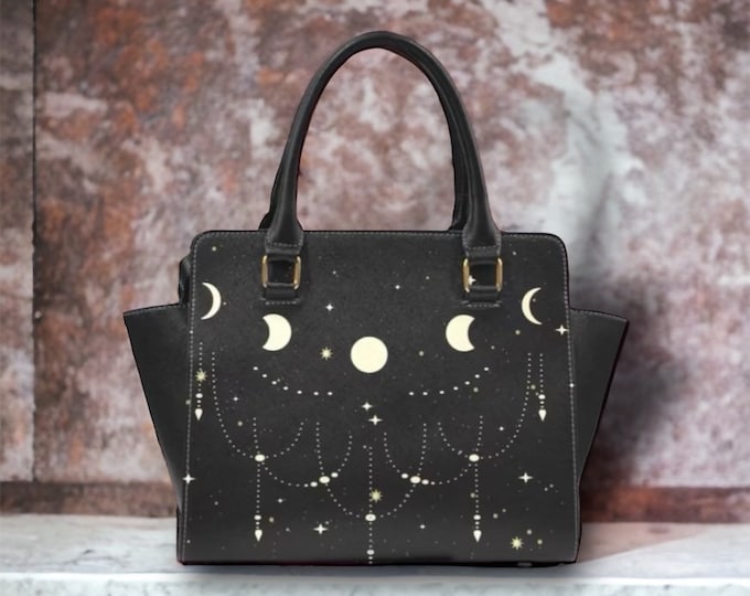 Moon phases celestial shoulder bag, black Cottagecore witchy handbag purse women cute vegan leather hand bag goth bag stylish and sturdy