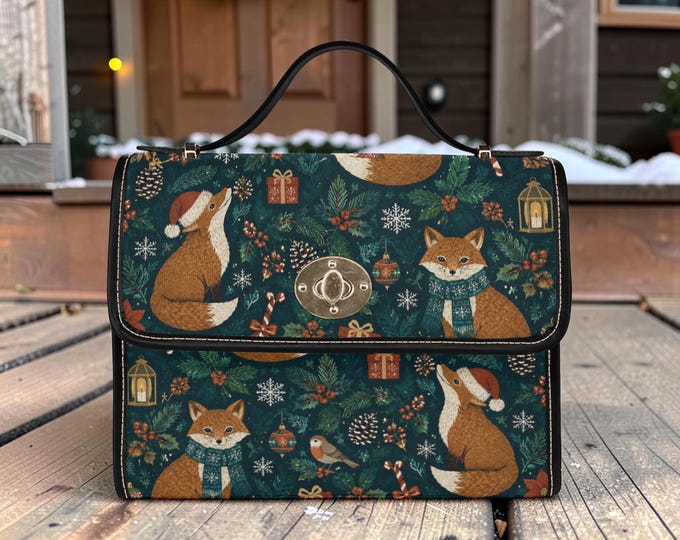 Christmas Fox in the Forest Canvas Satchel bag, Cottagecore forestcore crossbody purse, cute vegan leather strap goth bag, hippies boho gift