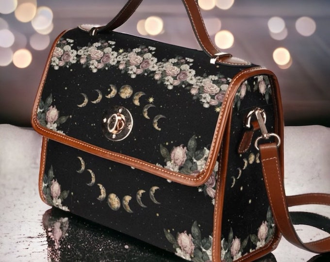 Cottagecore witch Canvas Satchel bag, Cute women rose moon crossed body purse, cute vegan leather strap hand bag goth bag, hippies boho gift