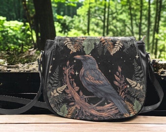 Raven Fern Forest crossbody saddle bag, Witchy Cottagecore Vegan leather shoulder bag with strap, Cute nature saddle purse handbag gift