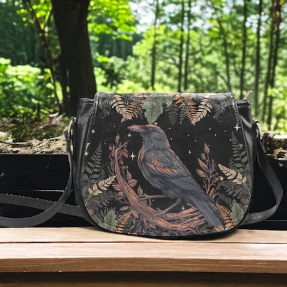 Raven Fern Forest crossbody saddle bag, Witchy Cottagecore Vegan leather shoulder bag with strap, Cute nature saddle purse handbag gift