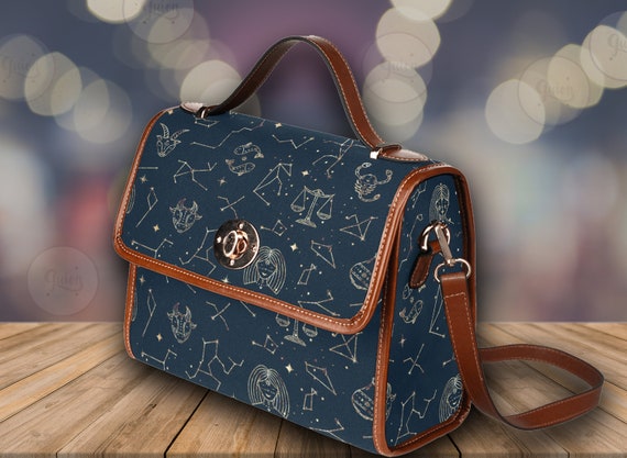 Star Constellations Bag, Cottagecore witch Canvas Satchel bag, celestial purse, vegan leather strap hand bag goth bag, hippies boho gift